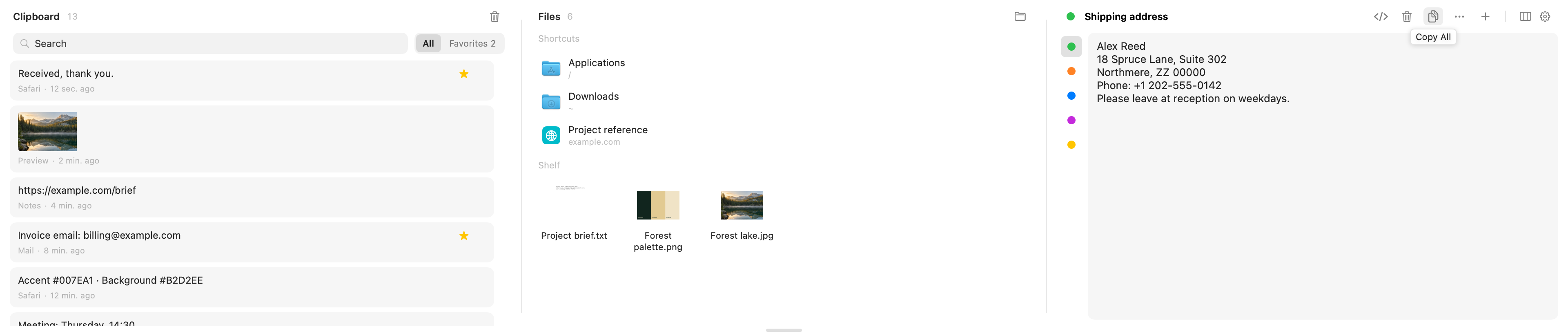 Actual Attic dark panel: Clipboard, files and notes, together. Sample data.
